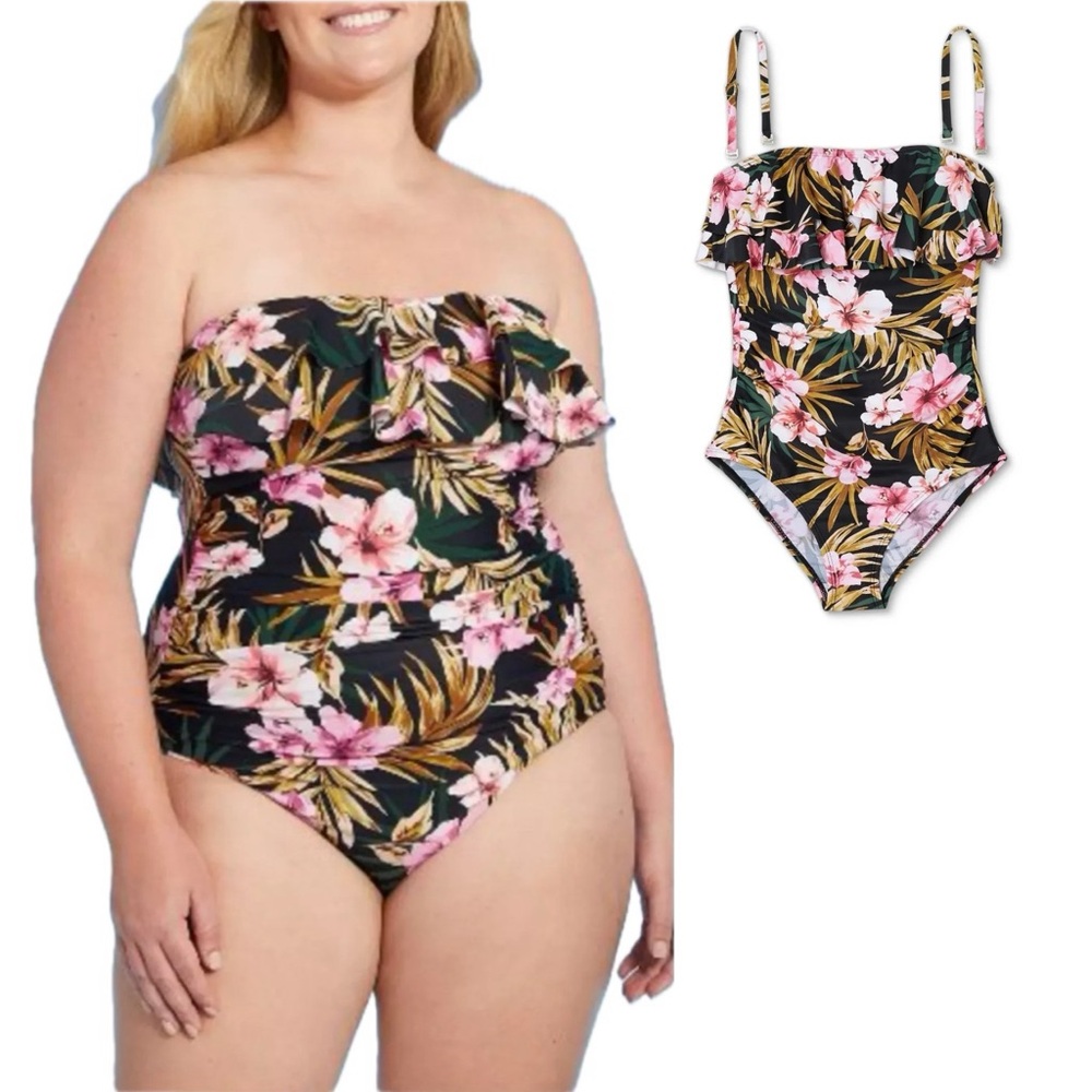 Kona Sol Tropical Floral Strapless OnePiece Full Coverage Ruffle‎ Bust Ruched XL